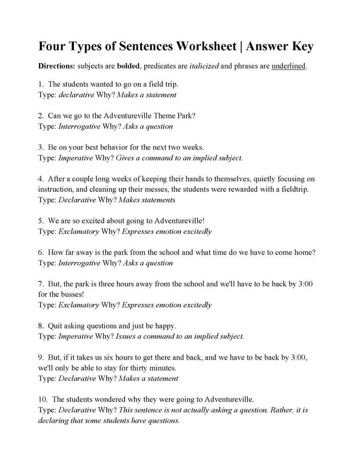 4 Types Of Sentences Worksheet 5Th Grade And Four Types Of Sentences 