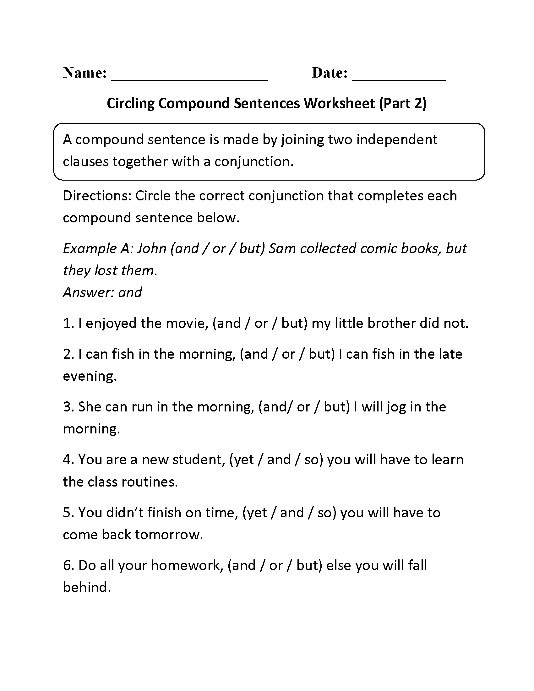 4th Grade Compound Sentences Worksheet With Answers Kidsworksheetfun