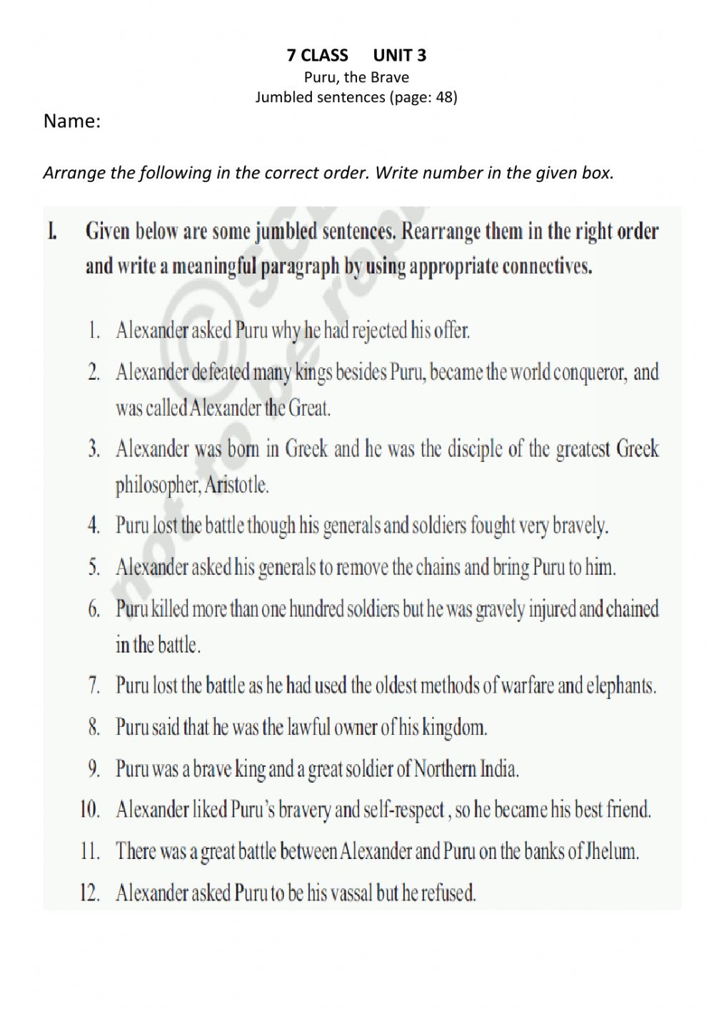 7 Class 3 Puru The Great Jumbled Sentences Worksheet
