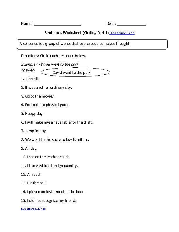 7th Grade Common Core Language Worksheets Simple Sentences 