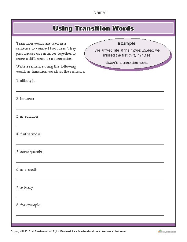 7th Grade Writing Worksheets Printable Transition Words Transition 