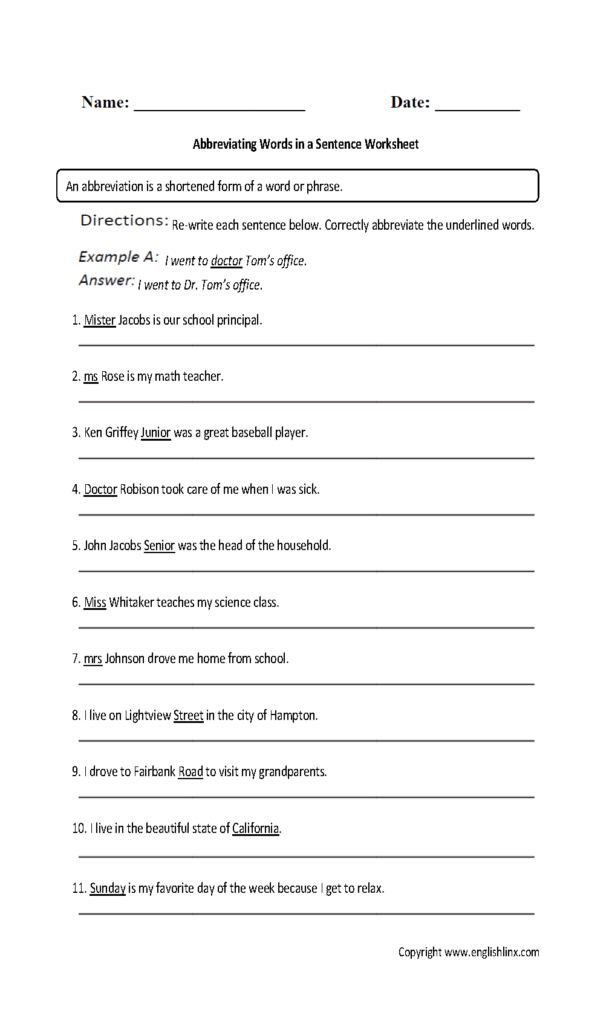 Abbreviations Worksheets Abbreviating Words In A Sentence Worksheet 