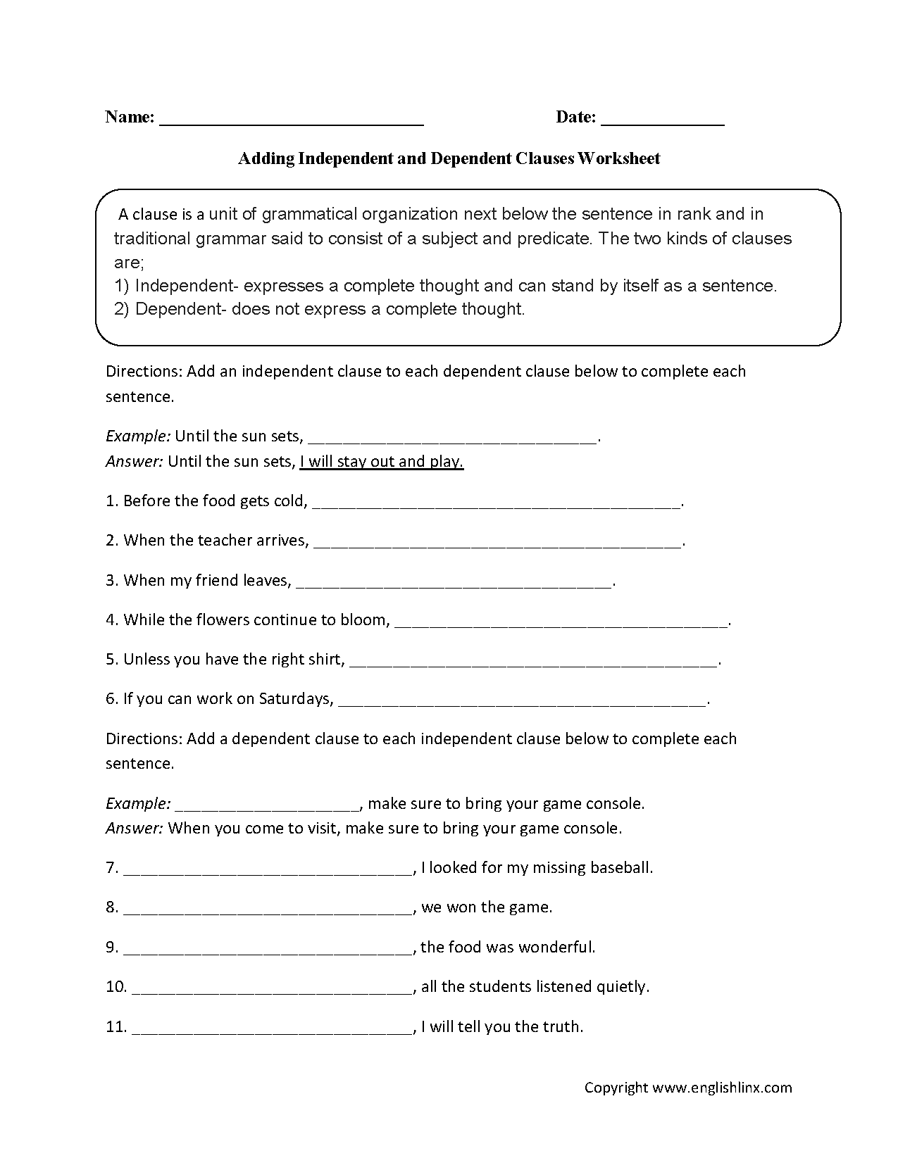 Adding Dependent And Independent Clauses Worksheet Dependent And