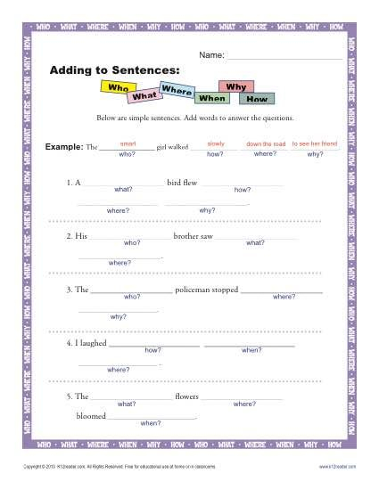 Adding To Sentences Sentence Worksheets For 1st Through 3rd Grade