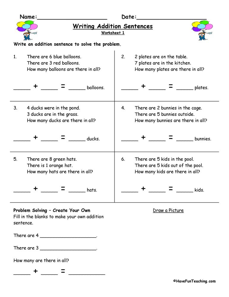 Addition Sentences Worksheets Writing Sentences Worksheets Addition 