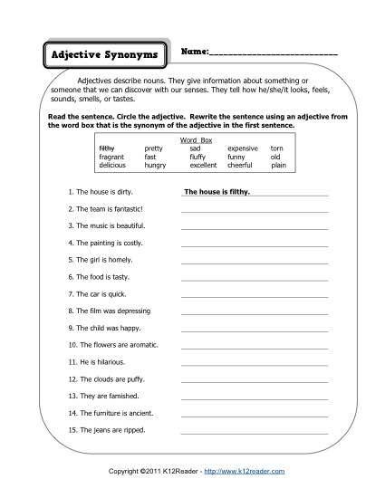 Adjective Synonyms 2nd Grade Adjective Worksheets