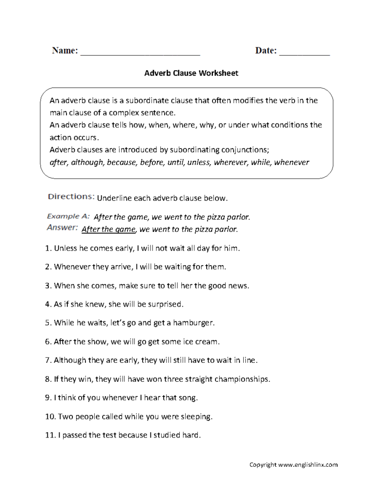 Adverb Clause Worksheets Adverbial Phrases Phrase Worksheet Clauses 