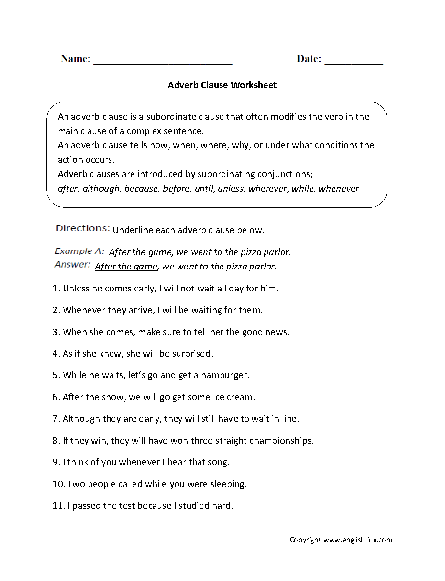 Adverb Clause Worksheets Adverbial Phrases Phrase Worksheet Clauses