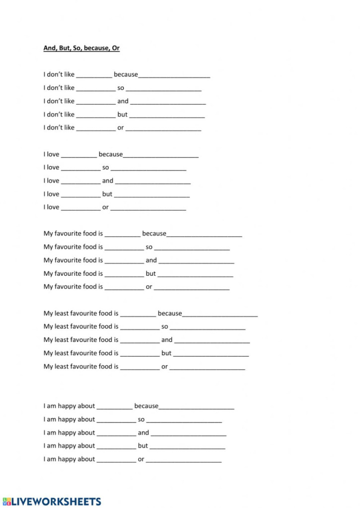 And But So Because Sentence Completion Activity Worksheet