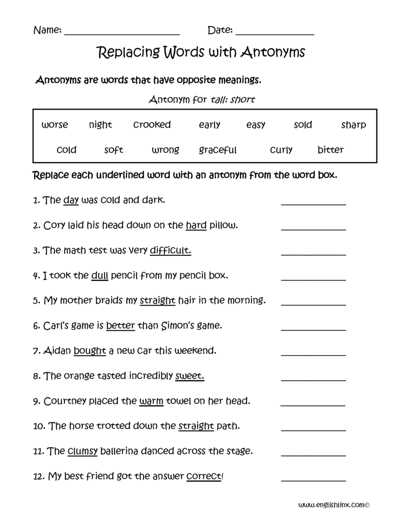 Antonyms Worksheets Replacing Words With Antonyms Worksheets