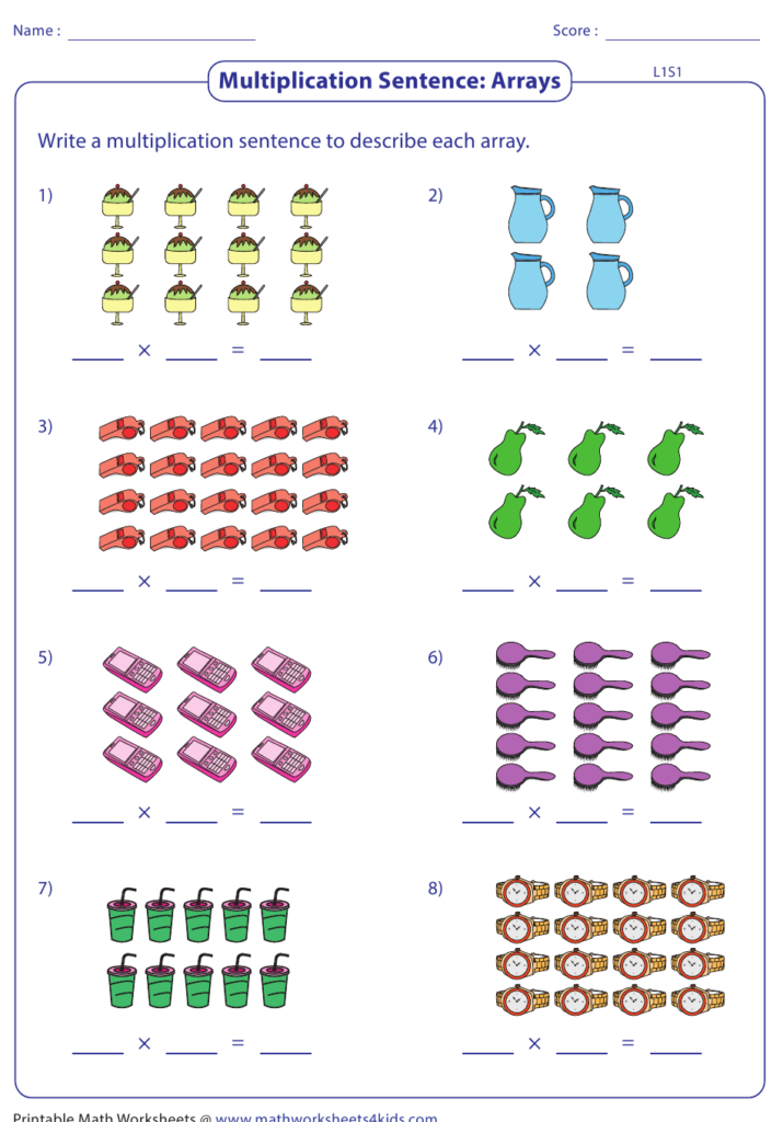 Arrays Multiplication Sentence Worksheet With Answer Key Download 