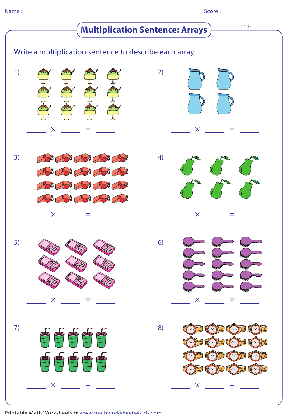 Arrays Multiplication Sentence Worksheet With Answer Key Download