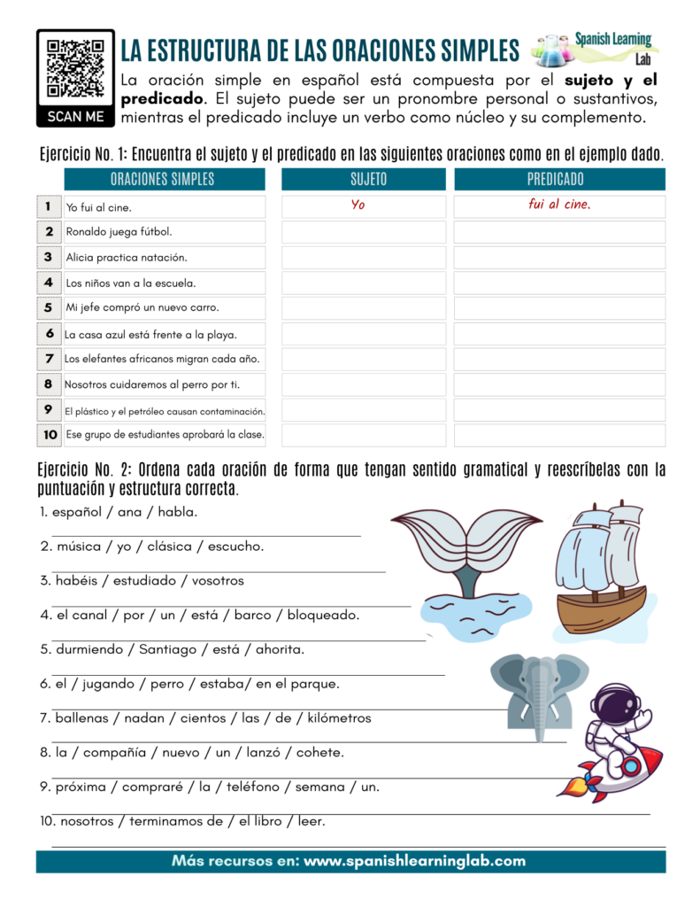 Basic Sentence Structure In Spanish PDF Worksheet SpanishLearningLab