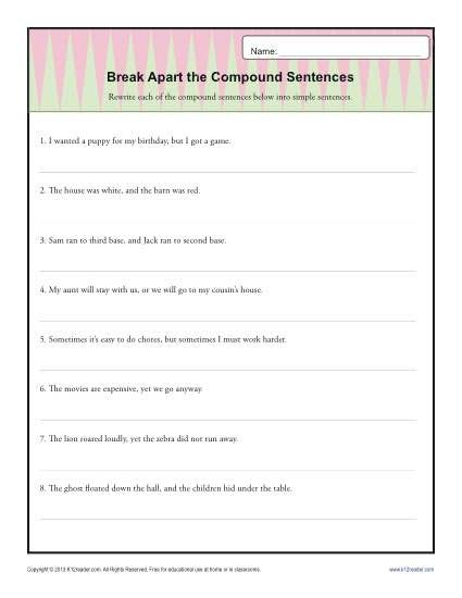 Break Apart The Compound Sentence Sentence Structure Worksheets 