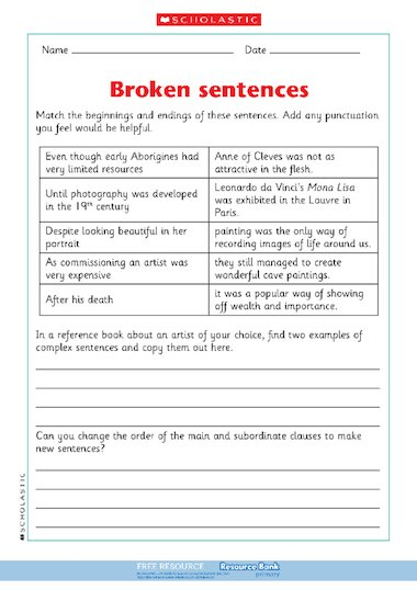 Broken Sentences Complex Sentences FREE Primary KS2 Teaching 