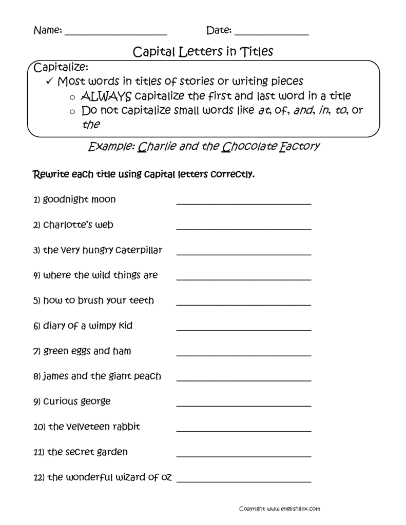 Capitalization Worksheets Titles Capitalization Worksheets