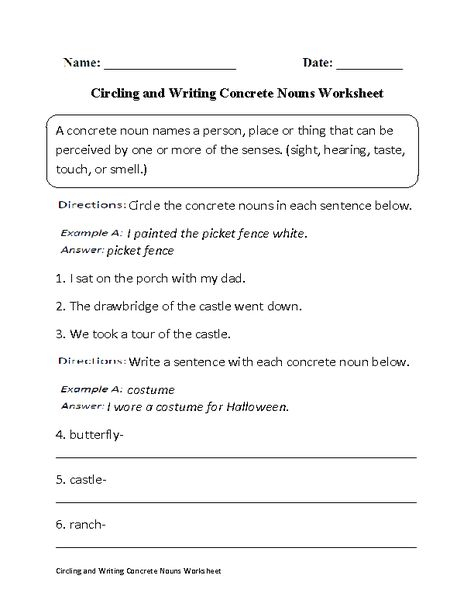 Circling And Writing Concrete Nouns Worksheet Simple Sentences 