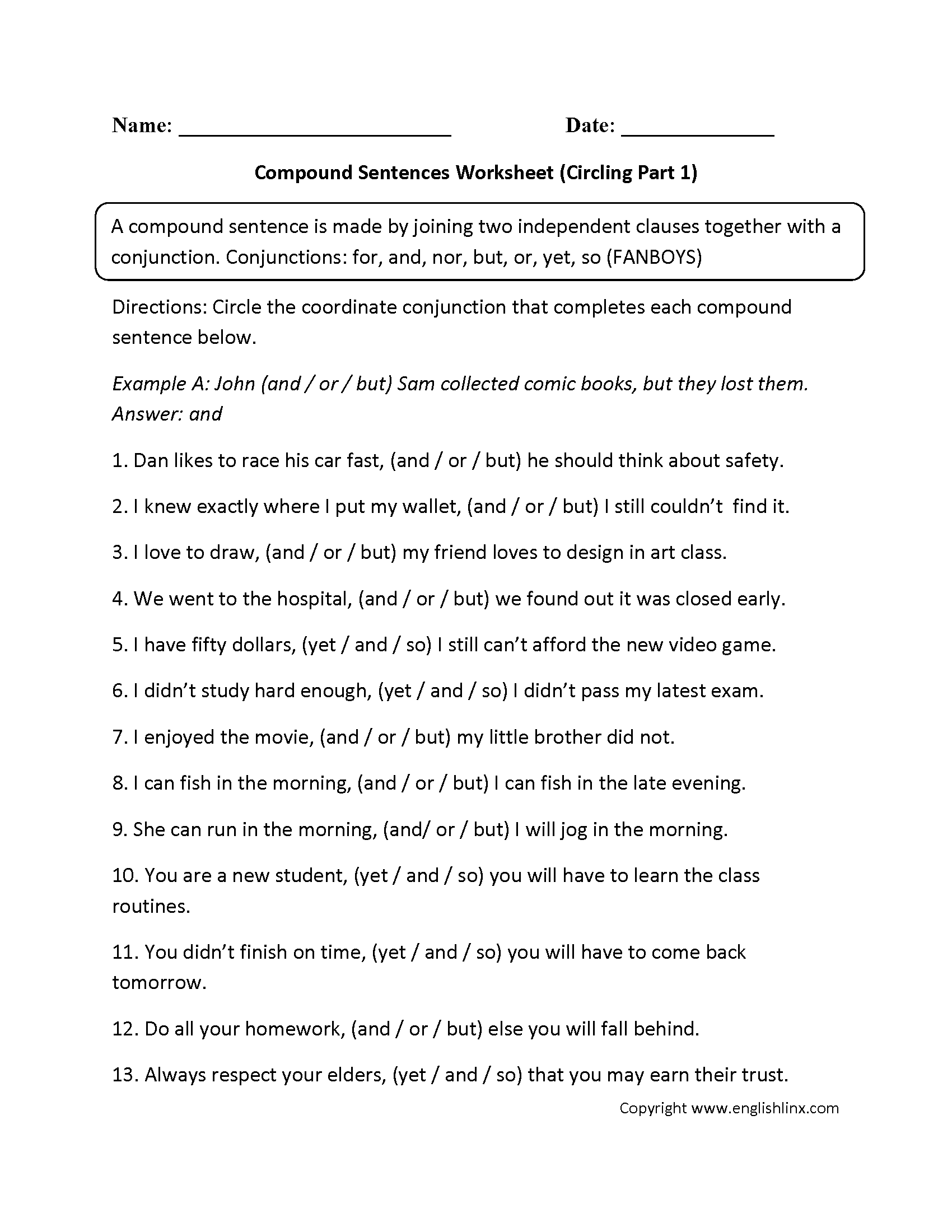 Circling Compound Sentences Worksheet Compound Sentences Complex