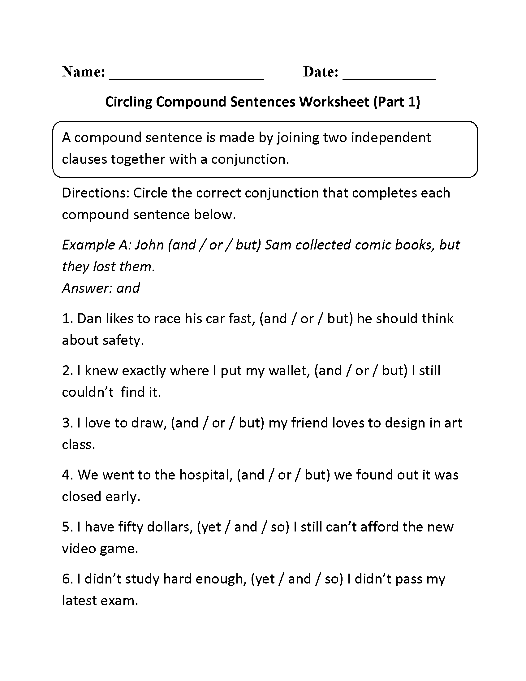 Circling Compound Sentences Worksheet Part 1 Compound Sentences