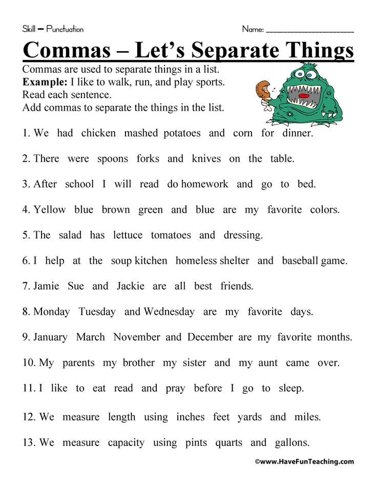 Comma Worksheet Read Each Sentence Add Commas To Separate The Things 