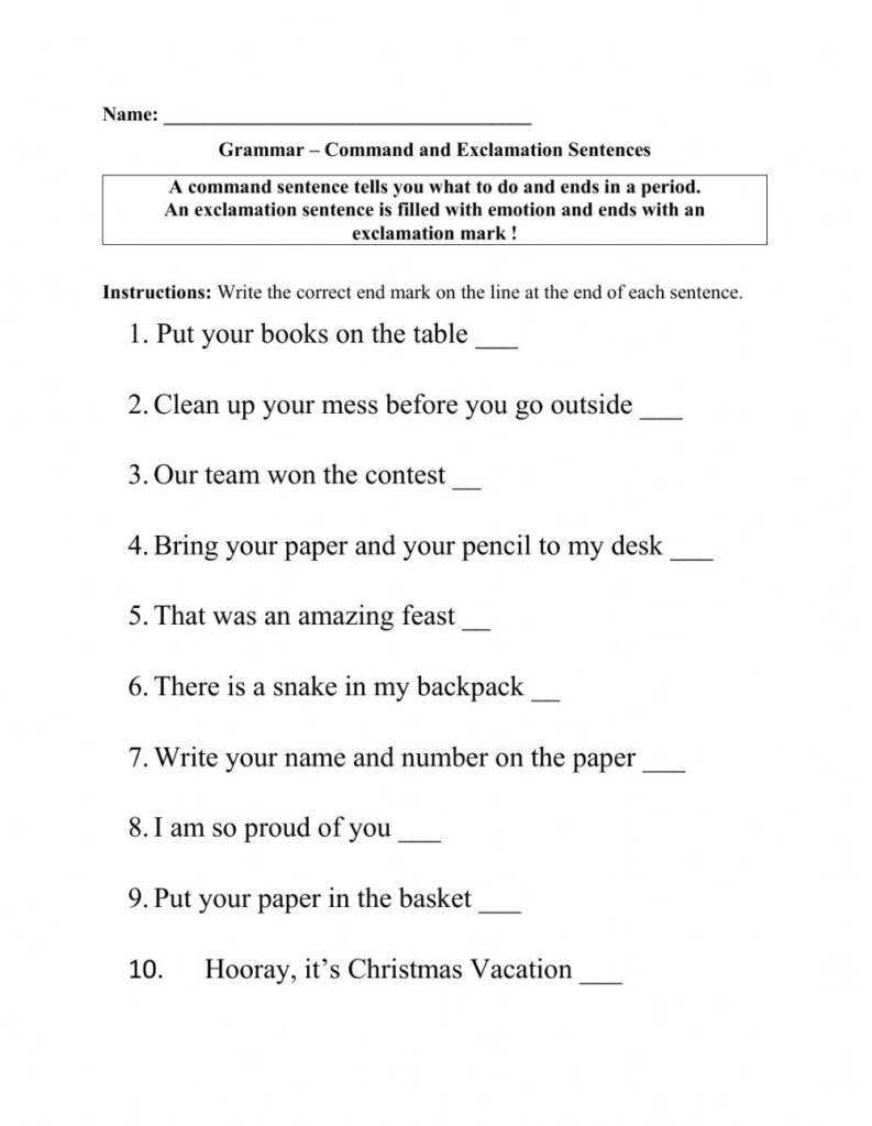 Command And Exclamation Sentences Worksheet