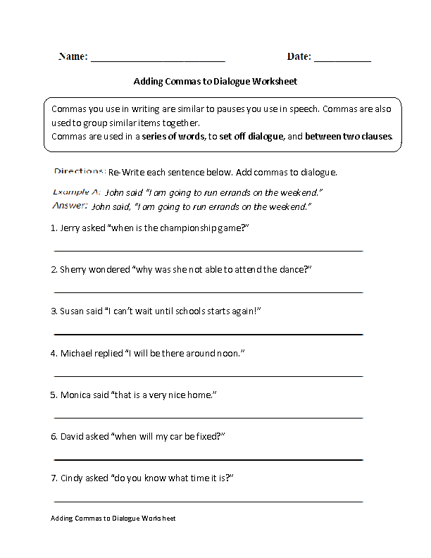 Commas Worksheets Adding Commas To Dialogue Worksheet