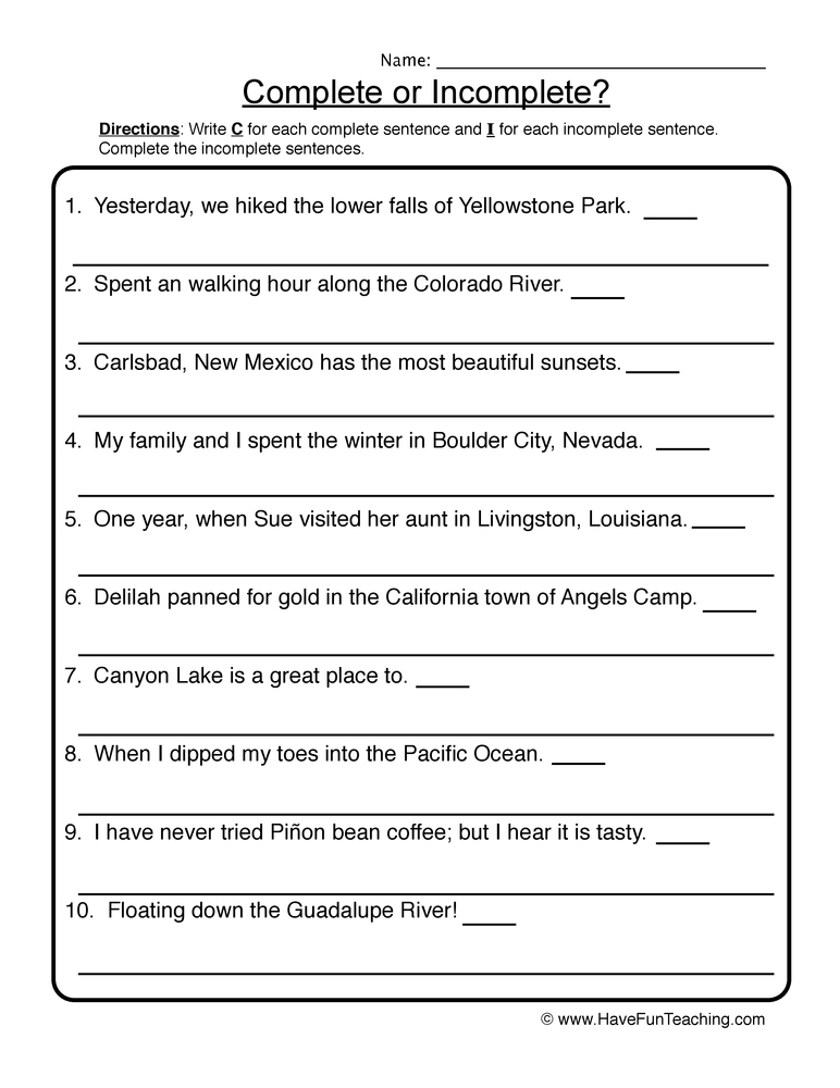 Complete Incomplete Sentences Worksheet 1