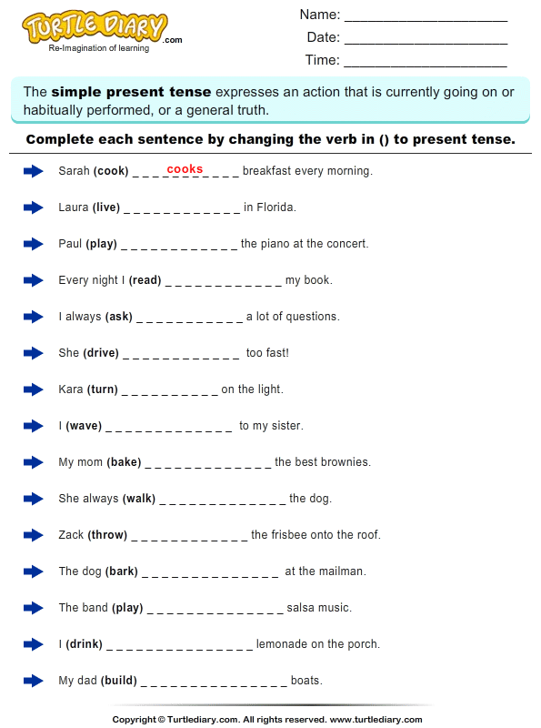 Complete The Sentence By Changing The Verbs To Present Tense Form 