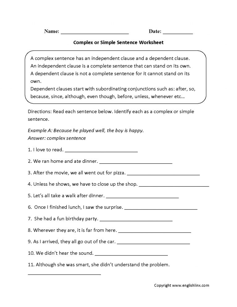 Complex Or Simple Sentences Worksheet Education Common Core Free 