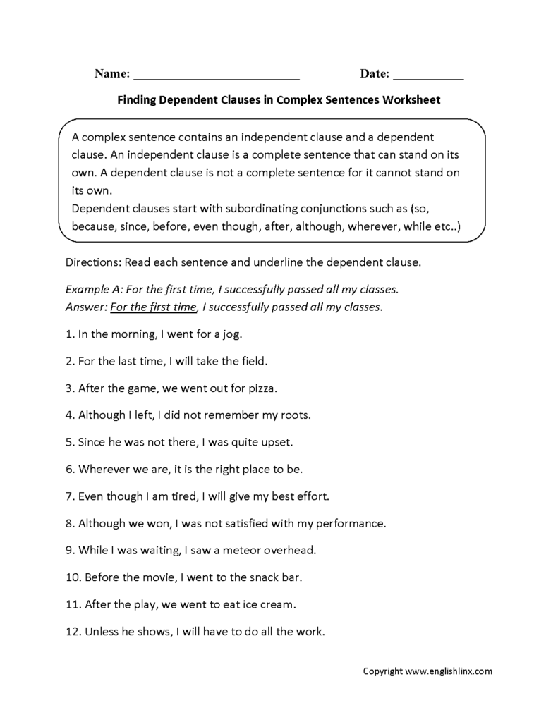 Complex Sentences Worksheets Finding Dependent Clauses Complex 