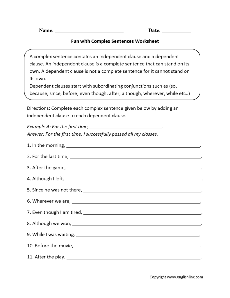 Complex Sentences Worksheets Fun With Complex Sentences Worksheet 