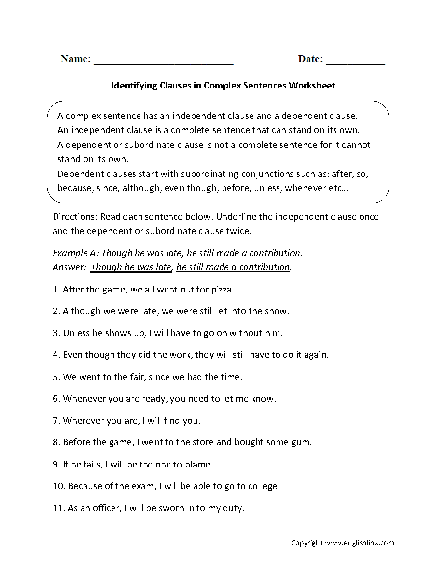 Complex Sentences Worksheets Identifying Clauses In Complex Sentences