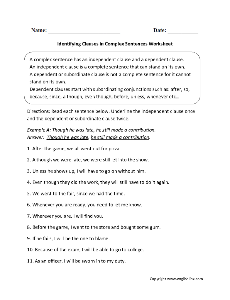 Complex Sentences Worksheets Identifying Clauses In Complex Sentences 