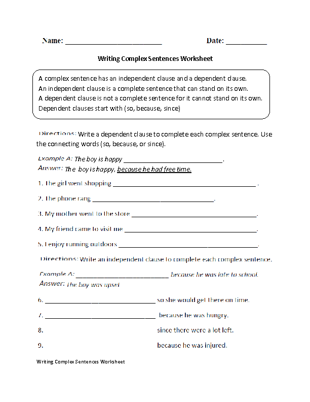 Complex Sentences Worksheets Writing Complex Sentences Worksheet