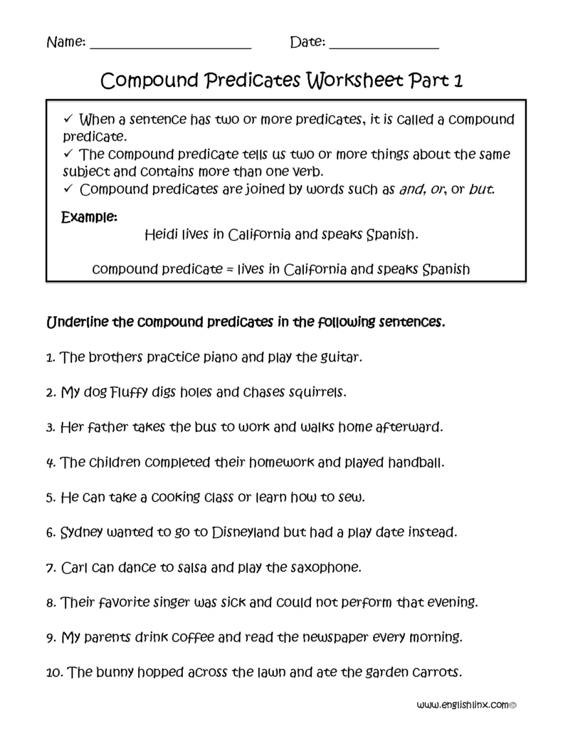 Compound Predicate Worksheet Part 1 Compound Predicates Subject And 