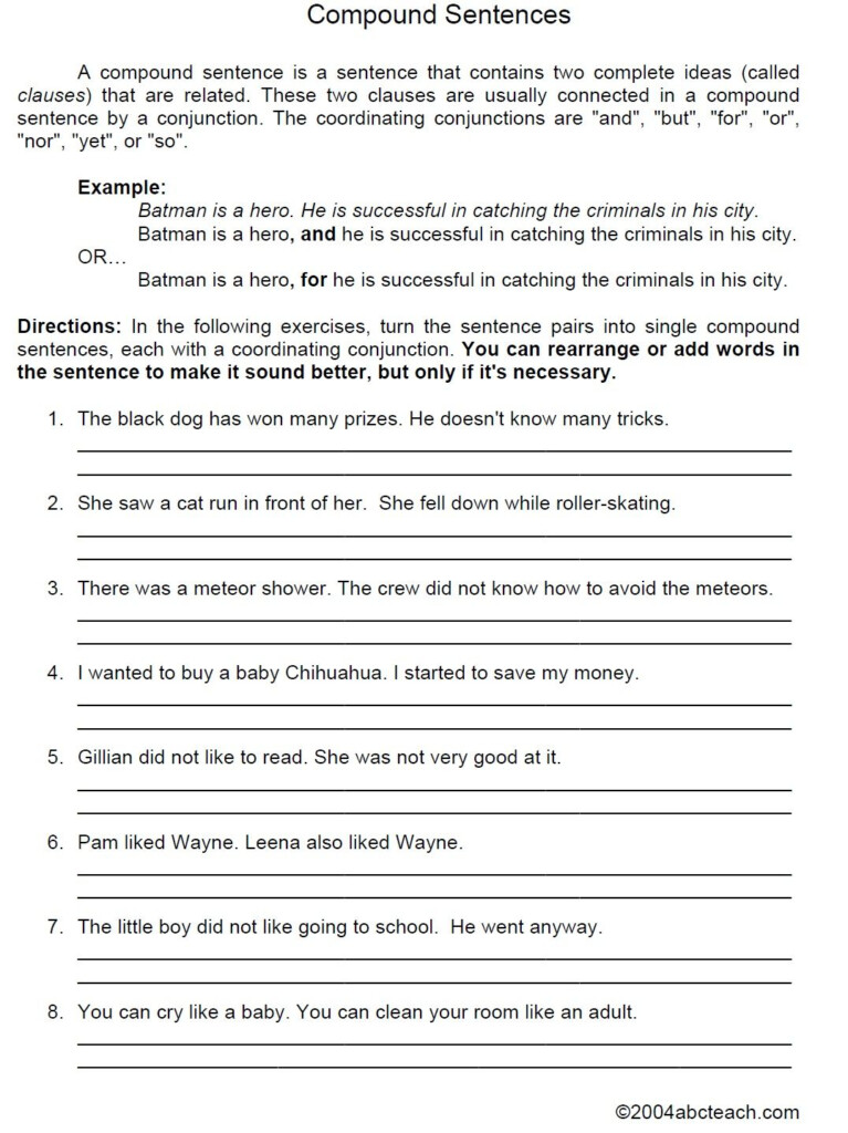 Compound Sentences Combining Sentences Types Of Sentences Worksheet