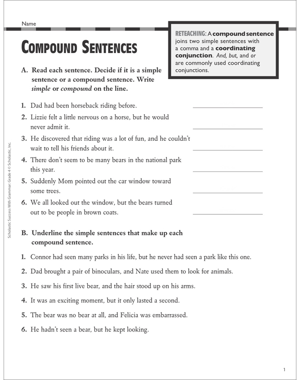 Compound Sentences Grammar Practice Grade 4 Printable Test Prep