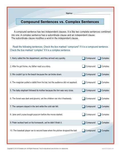 Compound Sentences Vs Complex Sentences Worksheet Complex Sentences