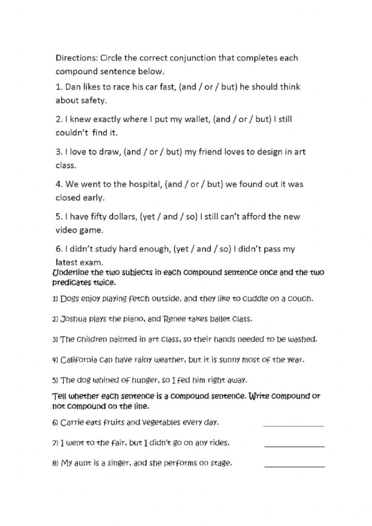 Compound Sentences Worksheet For 8th Jr High