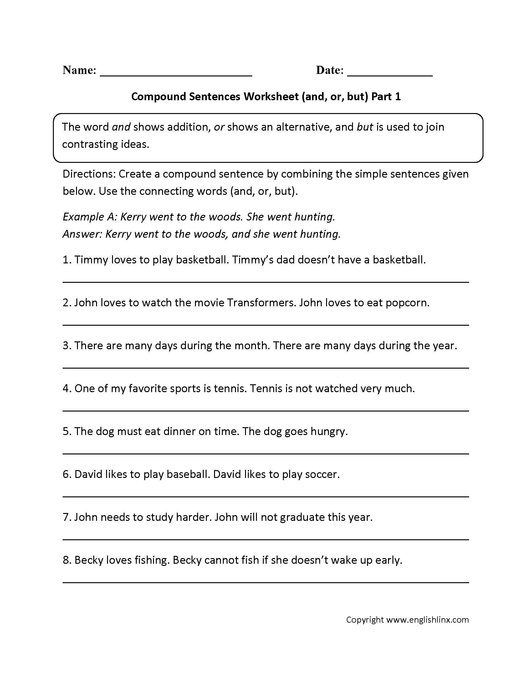 Compound Sentences Worksheets And Or And But Compound Sentences