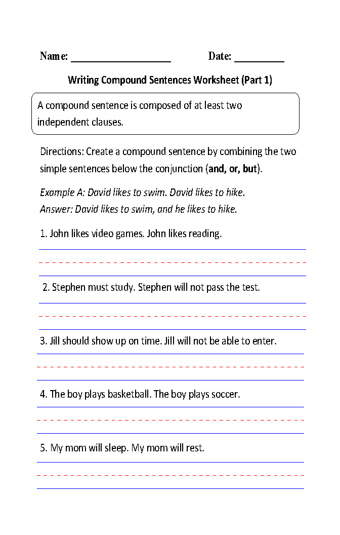 Compound Sentences Worksheets Writing Compound Sentences Worksheet