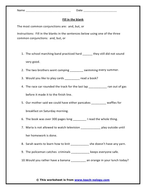 Conjunctions and But Or Conjunctions Worksheet Sentence