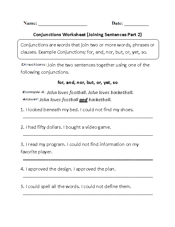 Conjunctions Worksheet Joining Sentences Part 2 Conjunctions