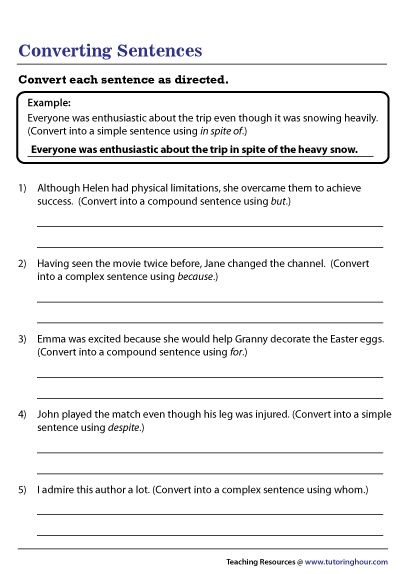 Converting Sentences Worksheet Complex Sentences Simple Compound 