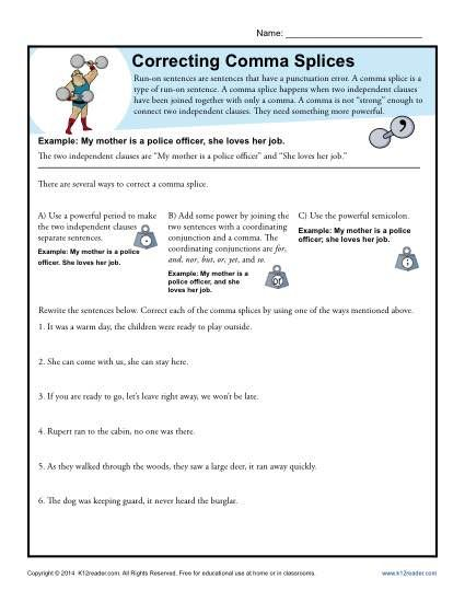 Correcting Comma Splices Punctuation Worksheets Punctuation 