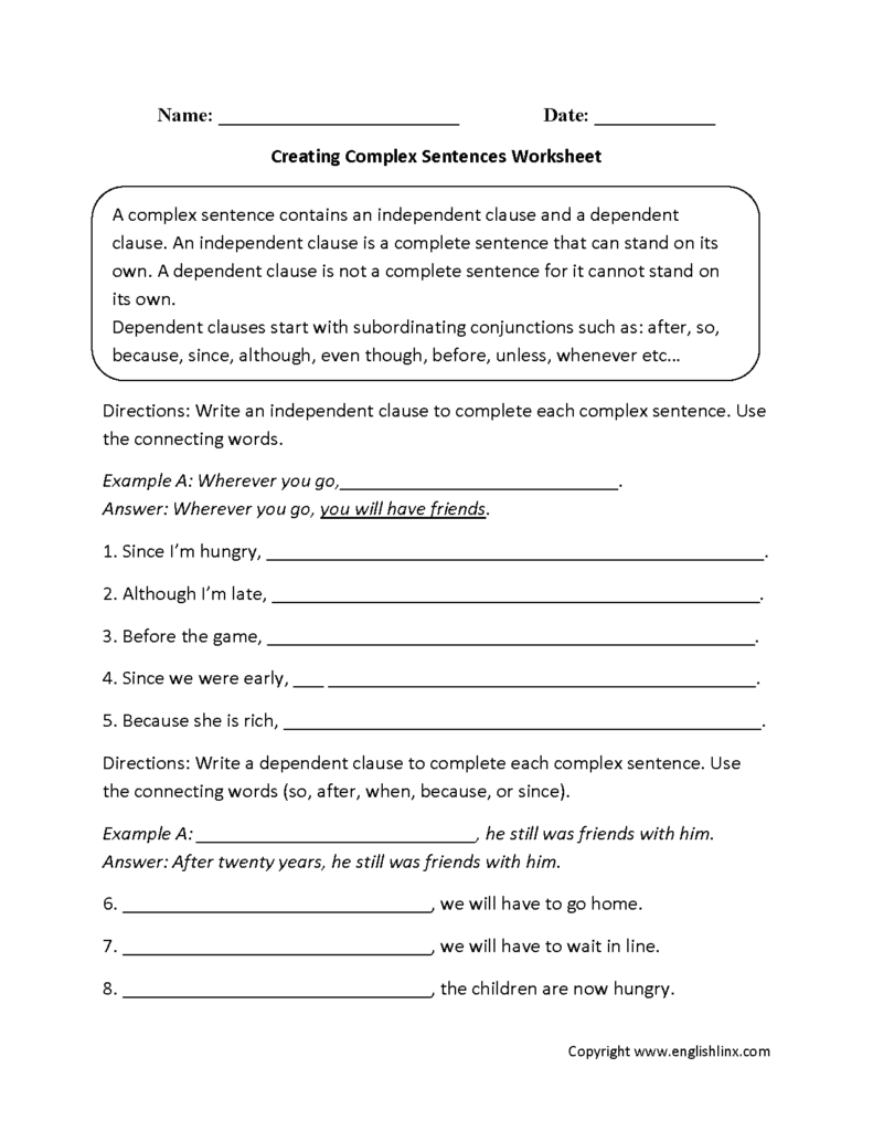 Creating Complex Sentences Worksheet Complex Sentences Complex 