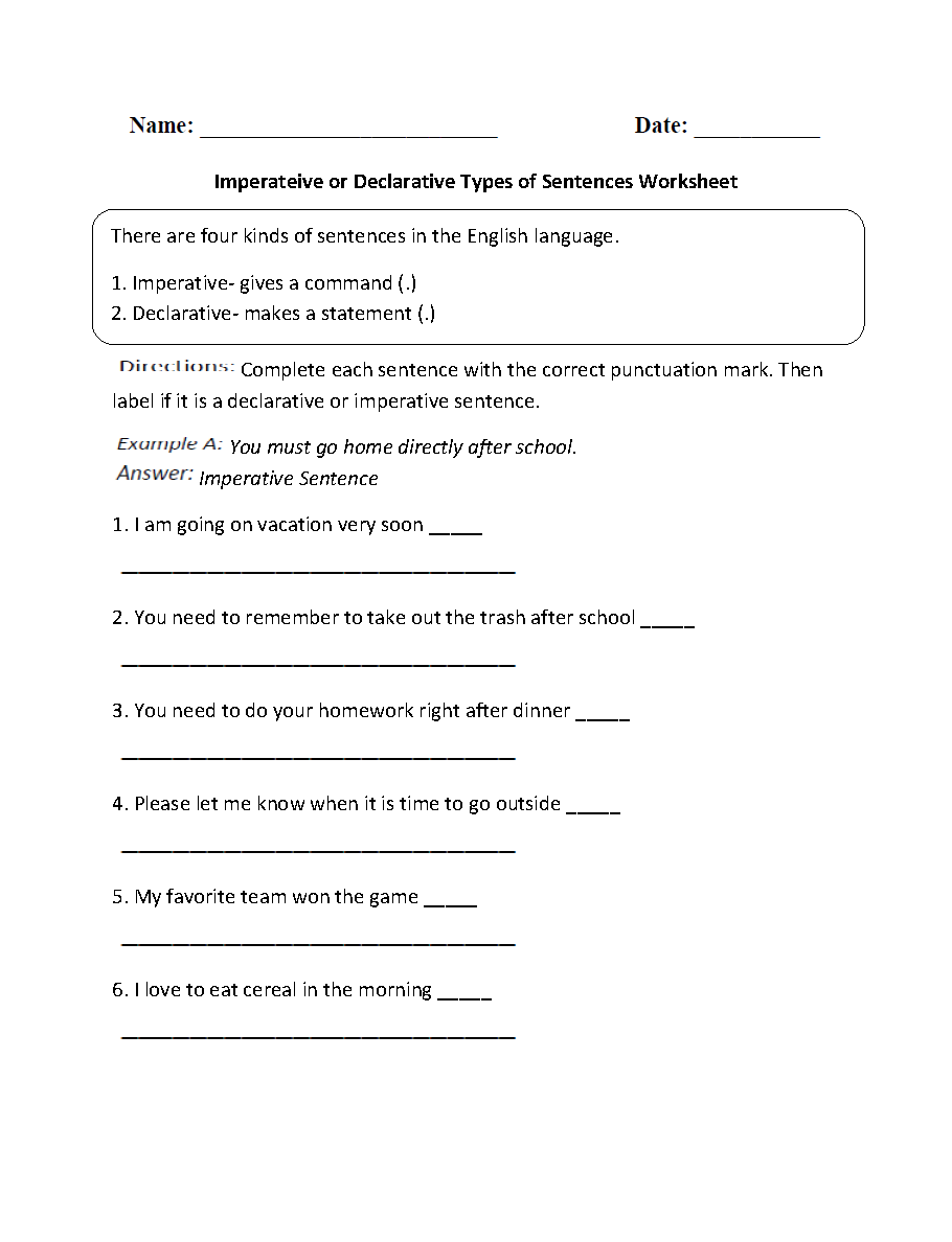 Declarative Sentence Worksheets First Grade