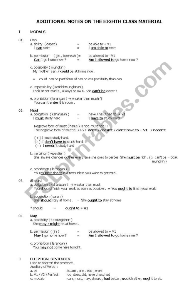 English Worksheets KINDS OF MODALS AND ELLIPTCIAL SENTENCE THEORY