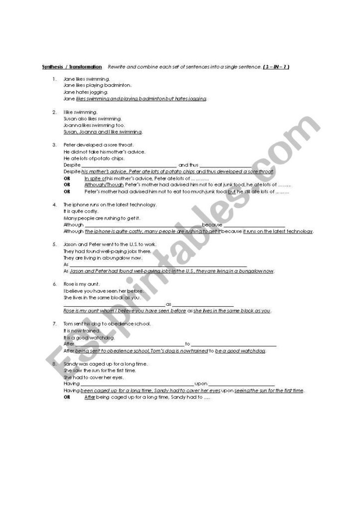 English Worksheets Sentence Synthesis