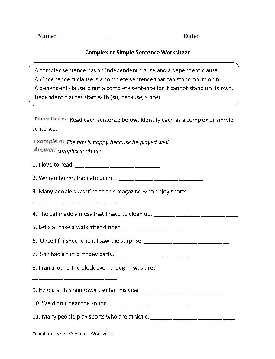 Englishlinx Sentences Worksheets Complex Sentences Simple